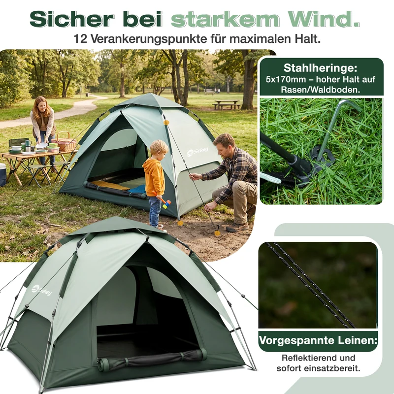 Sekey 2-Personen Kuppelzelt mit Hydraulik Pop-up System – Campingzelt wasserdicht PU3000+, UV50+ Sonnenschutz, 2-in-1 Strand- & Outdoor-Zelt mit Tragetasche