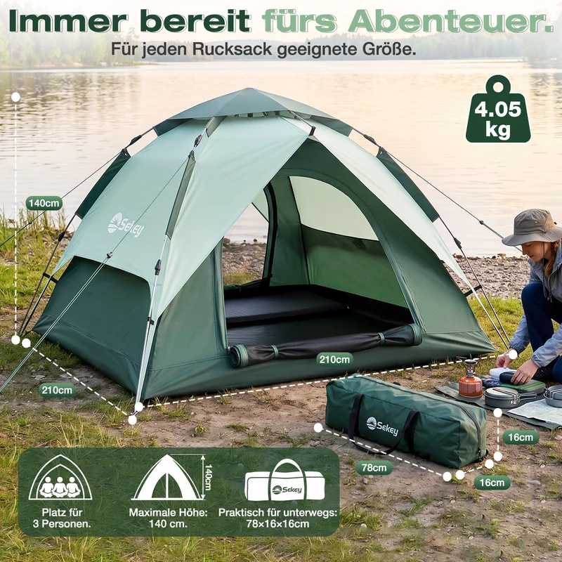 Sekey 2-Personen Kuppelzelt mit Hydraulik Pop-up System – Campingzelt wasserdicht PU3000+, UV50+ Sonnenschutz, 2-in-1 Strand- & Outdoor-Zelt mit Tragetasche