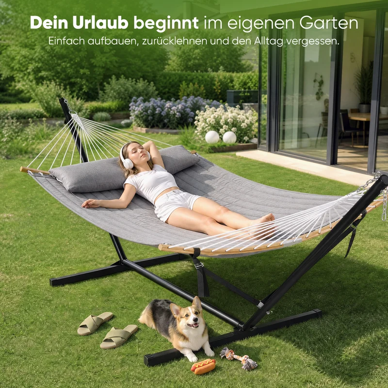 Sekey Hängemattengestell mit Doppelhängematte – Hängematte mit Gestell für 2 Personen, mit Kissen, bis 200 kg belastbar, für Garten, Balkon & Outdoor