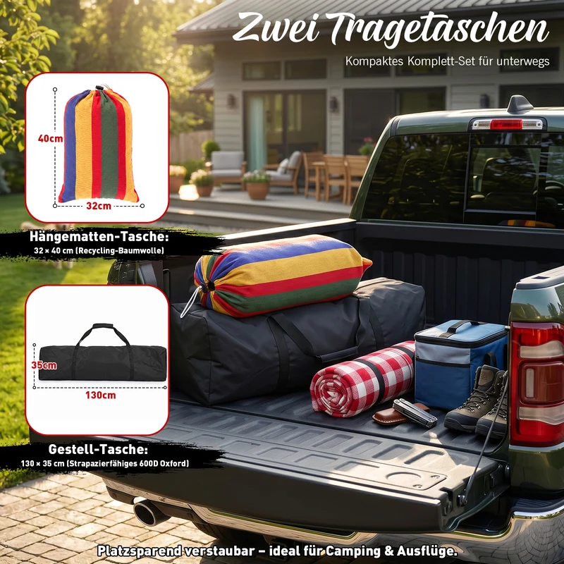 Sekey Hängematte mit Gestell – höhenverstellbare Doppelhängematte bis 200 kg, freistehend mit Stahlrahmen & 2 Tragetaschen für Garten, Balkon, Terrasse & Outdoor