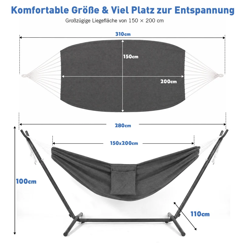 Sekey Hängematte mit Gestell – Höhenverstellbare Doppelhängematte bis 200 kg, freistehend mit Stahlrahmen & 2 Tragetaschen für Garten, Balkon, Terrasse, Camping & Indoor