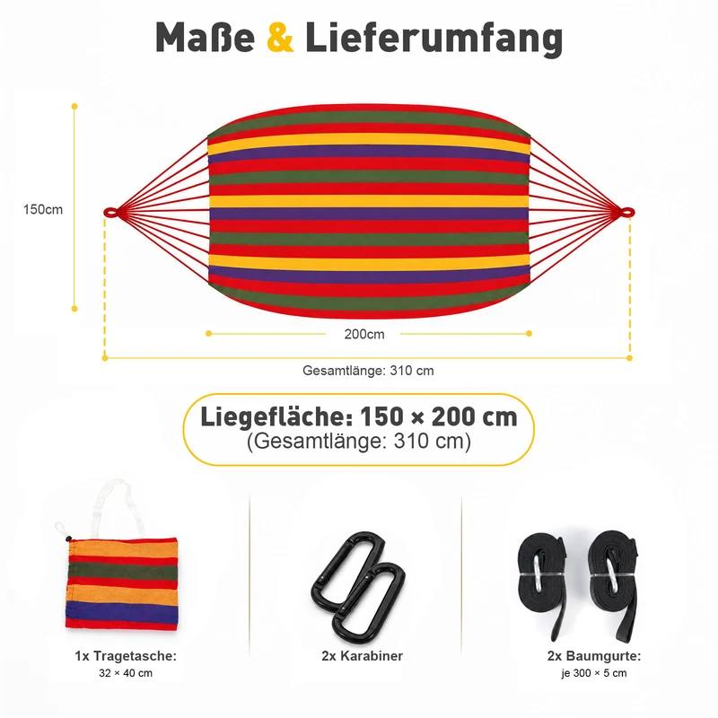 Sekey Doppelhängematte mit Karabinern & Baumwoll-Tragetasche – Outdoor Hängematte für 2 Personen, bis 200 kg belastbar, inkl. Aufhängeset für Garten, Balkon, Terrasse & Camping