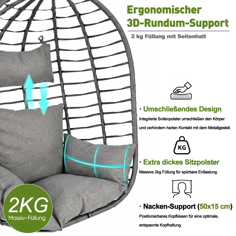 Sekey Hängesessel mit Gestell – Klappbarer Hängekorb aus PE-Rattan, Hängestuhl mit Sitz- & Kopfkissen, bis 150 kg belastbar, für Garten, Balkon, Terrasse & Wohnzimmer