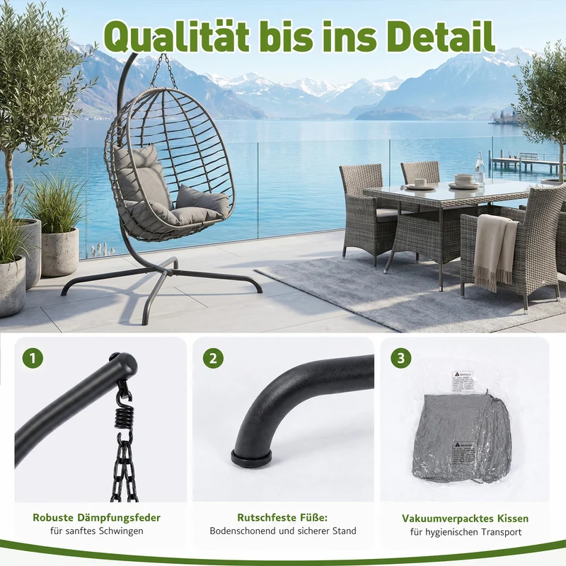 Sekey Hängesessel mit Gestell – Klappbarer Hängekorb aus PE-Rattan, Hängestuhl mit Sitz- & Kopfkissen, bis 150 kg belastbar, für Garten, Balkon, Terrasse & Wohnzimmer