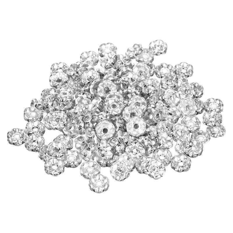 120Pcs 6mm Silver Plated Wavy Rhinestone Rondelle Spacer Beads, Silver