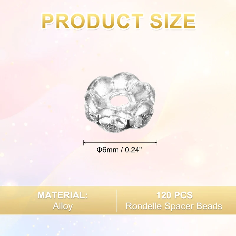 120Pcs 6mm Silver Plated Wavy Rhinestone Rondelle Spacer Beads, Silver