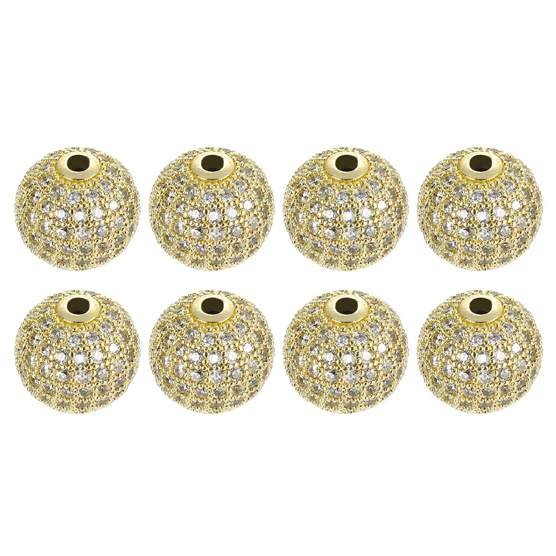 Charm Rhinestone Beads, 8Pcs - 12mm Round Zircon Pave Beads (White - Gold)