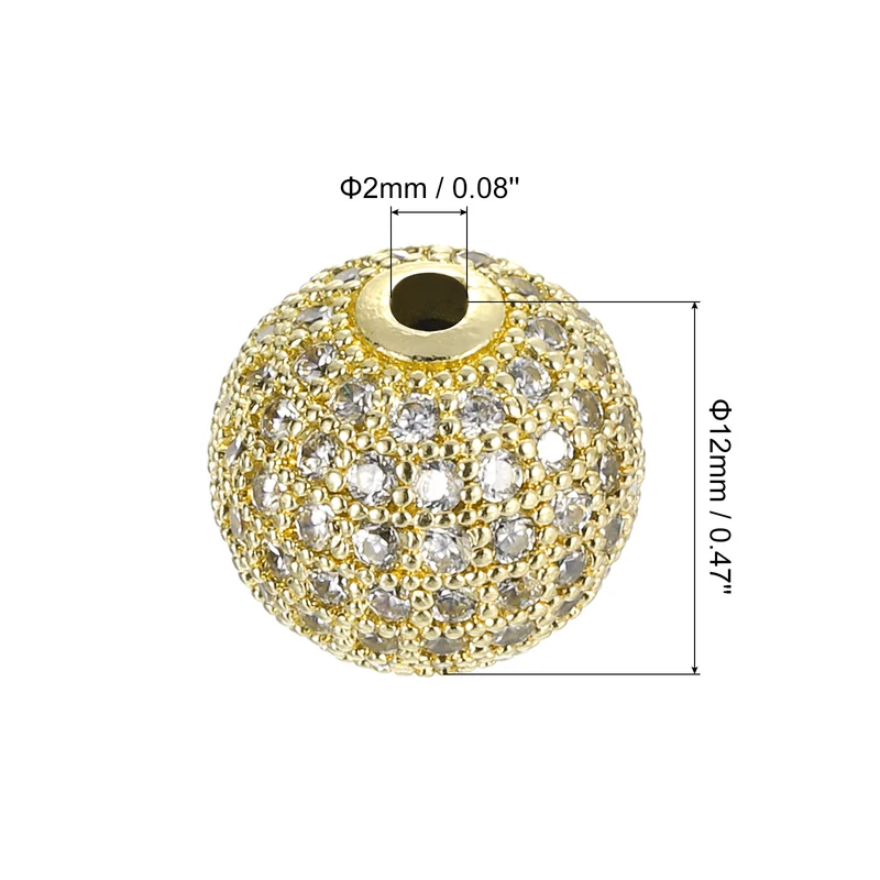 Charm Rhinestone Beads, 8Pcs - 12mm Round Zircon Pave Beads (White - Gold)