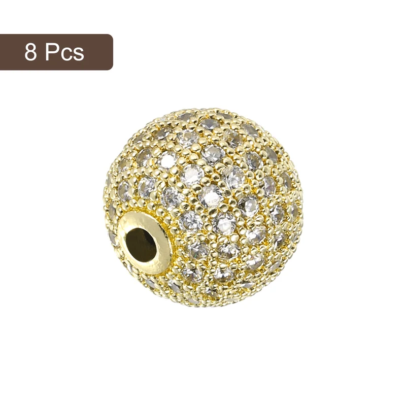 Charm Rhinestone Beads, 8Pcs - 12mm Round Zircon Pave Beads (White - Gold)