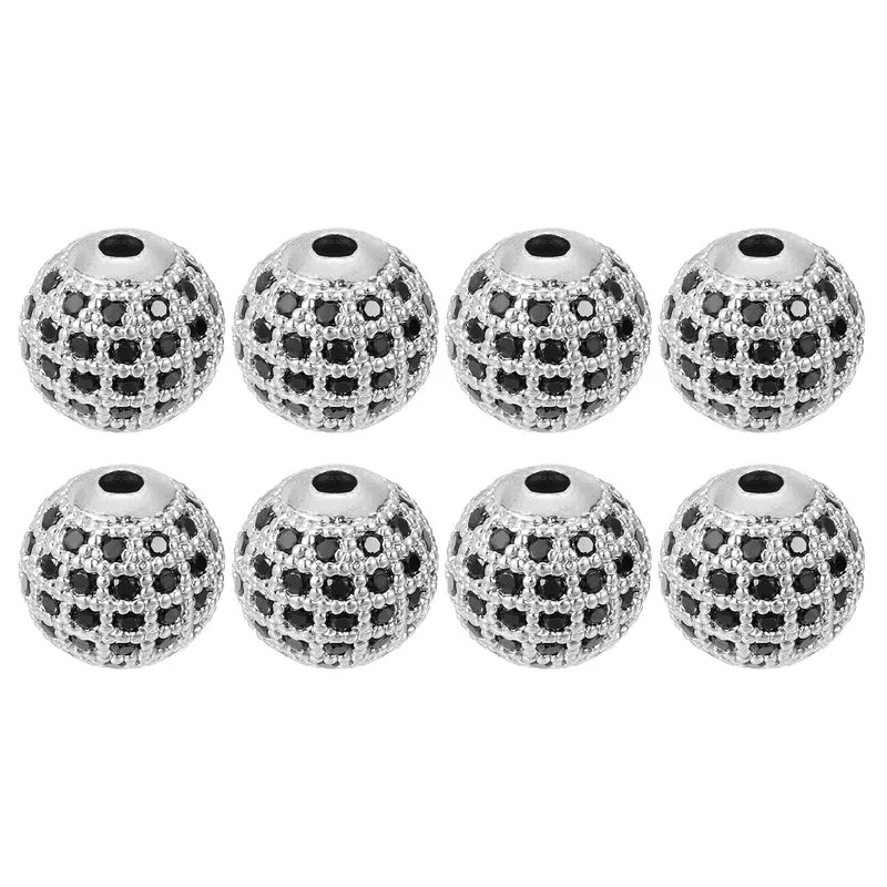 Charm Rhinestone Beads, 8Pcs - 10mm Round Zircon Pave Beads (Black - White Gold)