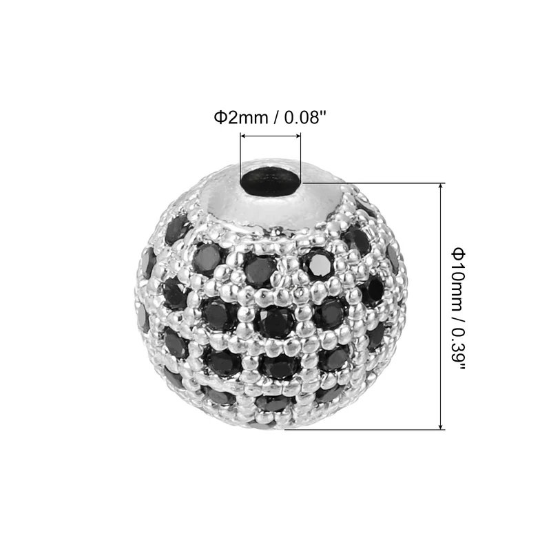 Charm Rhinestone Beads, 8Pcs - 10mm Round Zircon Pave Beads (Black - White Gold)