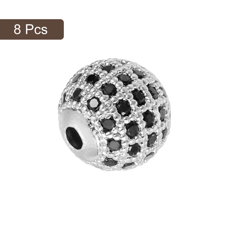 Charm Rhinestone Beads, 8Pcs - 10mm Round Zircon Pave Beads (Black - White Gold)