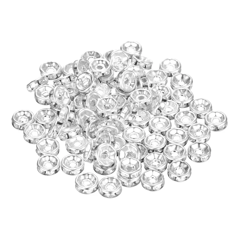 80Pcs 8mm Silver Plated Rhinestone Rondelle Spacer Beads, Silver