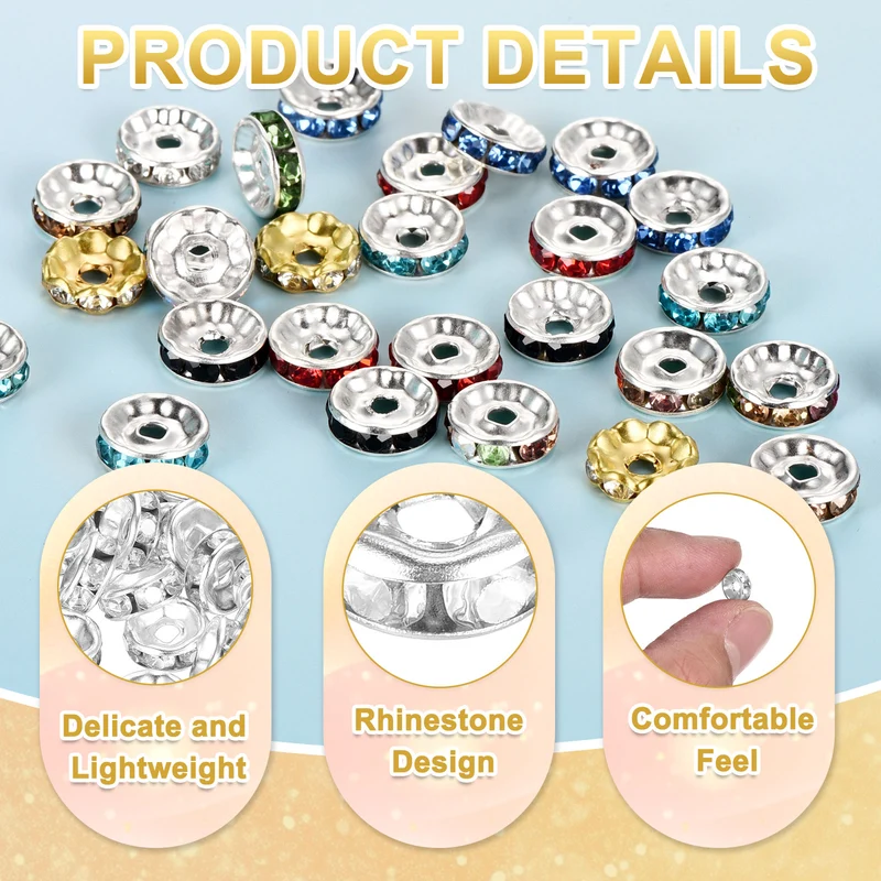 80Pcs 8mm Silver Plated Rhinestone Rondelle Spacer Beads, Silver