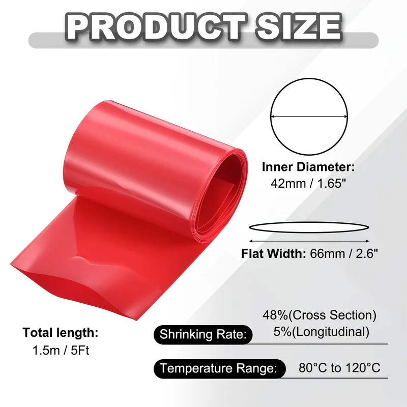 Battery Wrap, Heat Shrink Tubing, 66mm Flat Width 42mm ID, Red