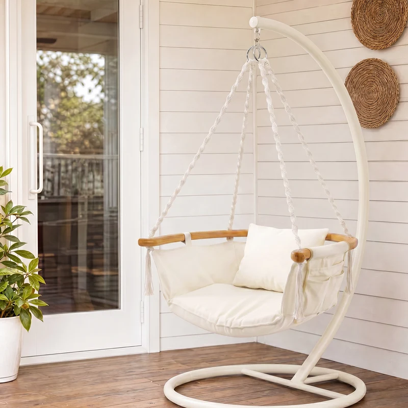 Sekey Hängesessel mit Kissen – Hängestuhl & Hängeschaukel bis 120 kg, mit Seitentasche, Bambus-Spreizstab und Baumwollseilen für Garten, Balkon, Terrasse & Wohnzimmer
