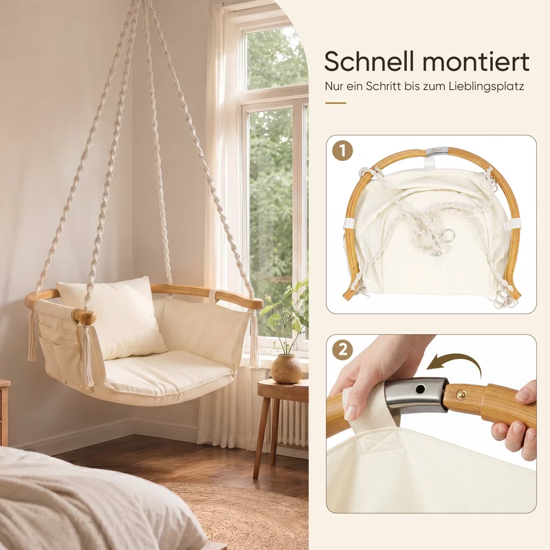 Sekey Hängesessel mit Kissen – Hängestuhl & Hängeschaukel bis 120 kg, mit Seitentasche, Bambus-Spreizstab und Baumwollseilen für Garten, Balkon, Terrasse & Wohnzimmer