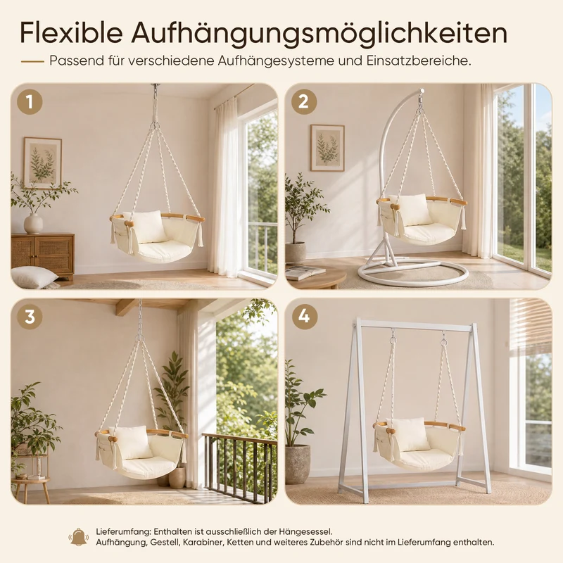 Sekey Hängesessel mit Kissen – Hängestuhl & Hängeschaukel bis 120 kg, mit Seitentasche, Bambus-Spreizstab und Baumwollseilen für Garten, Balkon, Terrasse & Wohnzimmer