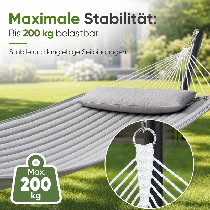 Sekey XXL Doppelhängematte mit Kissen – Gepolsterte Hängematte für 2 Personen, bis 200 kg belastbar, mit Bambus-Spreizstäben und Tragetasche für Garten, Balkon & Camping