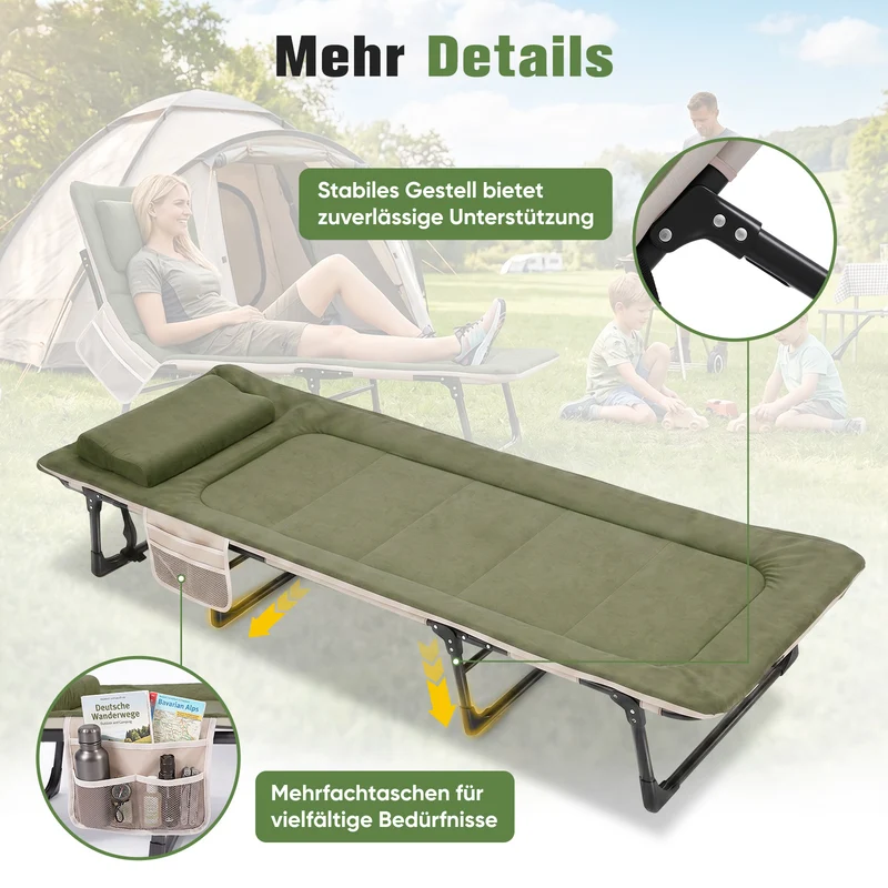 Sekey Faltbett klappbar mit Matratze & Kissen 193x70 cm – verstellbares Campingbett mit 6-fach Rückenlehne, bis 150 kg belastbar, Gästebett für Camping, Garten & Zuhause
