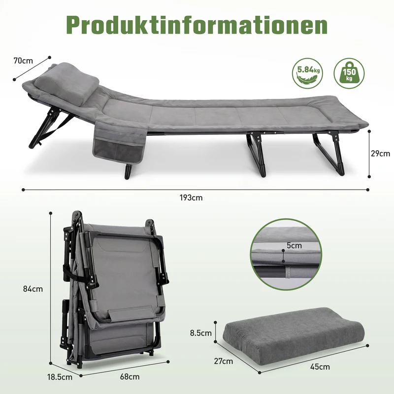 Sekey Faltbett klappbar mit Matratze & Kissen 193x70 cm – verstellbares Campingbett mit 6-fach Rückenlehne, bis 150 kg belastbar, Gästebett für Camping, Garten & Zuhause