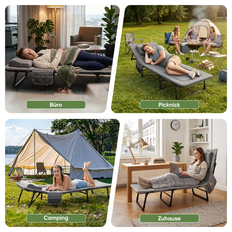 Sekey Faltbett klappbar mit Matratze & Kissen 193x70 cm – verstellbares Campingbett mit 6-fach Rückenlehne, bis 150 kg belastbar, Gästebett für Camping, Garten & Zuhause