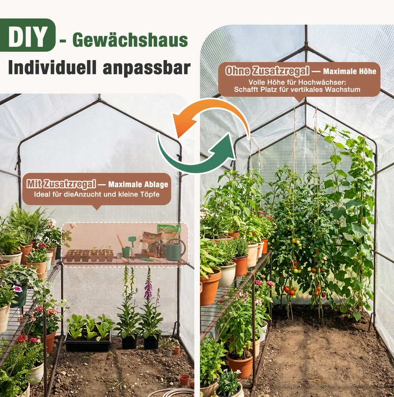 Sekey begehbares Gewächshaus 190x186x120cm mit DIY-Regal – stabiles Foliengewächshaus winterfest mit UV-beständiger Gitterfolie, Tomatenhaus für Garten, Gemüse & Kräuter, werkzeuglose Montage