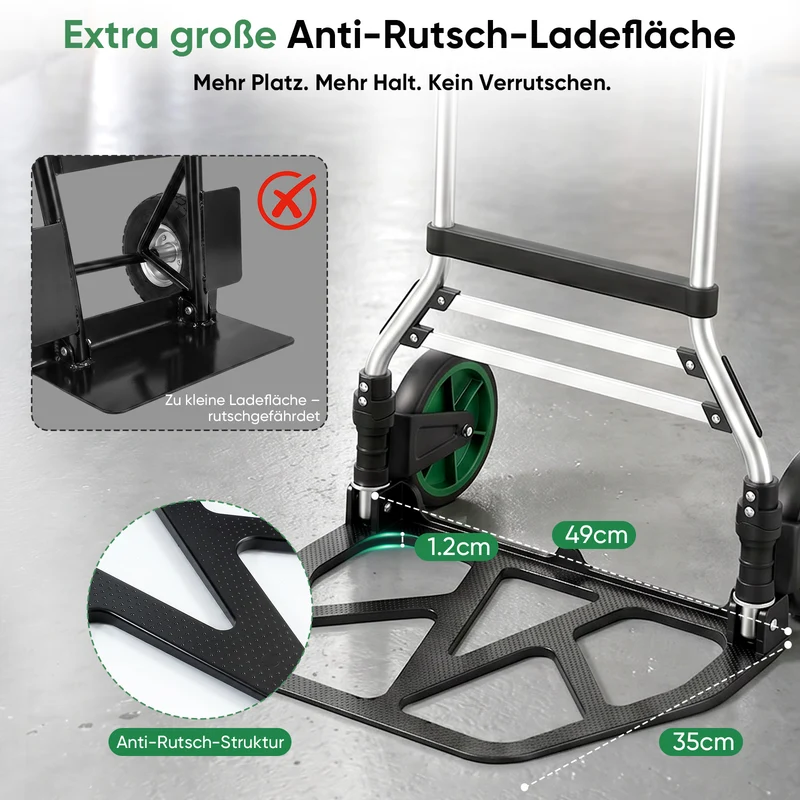 Sekey klappbare Sackkarre 150 kg – Schwerlast Transportkarre aus 1,5 mm verstärktem Aluminium, XL Ladefläche 49×35 cm, Profi Alukarre mit 17 cm Rädern & Teleskopgriff bis 107 cm