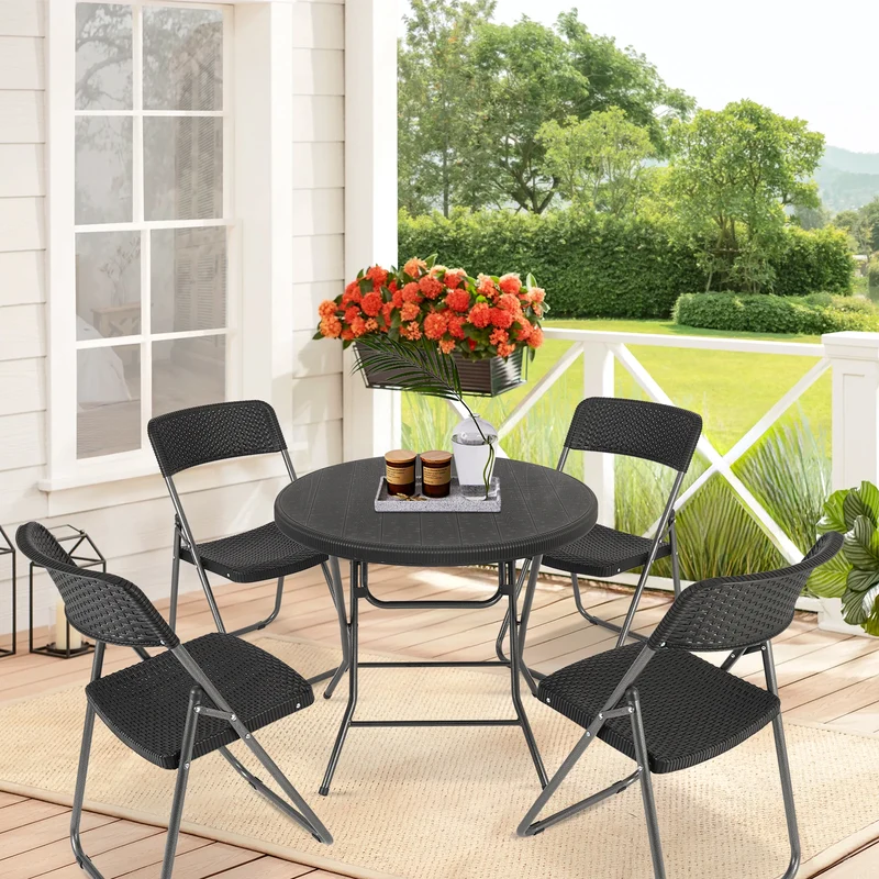 Sekey Balkonmöbel Set 5-teilig – Klappbares Balkonset für 4 Personen, Wetterfestes Rattan Gartenmöbel Set mit 4 Klappstühlen & Tisch, Bistro Set für Balkon, Terrasse und Garten