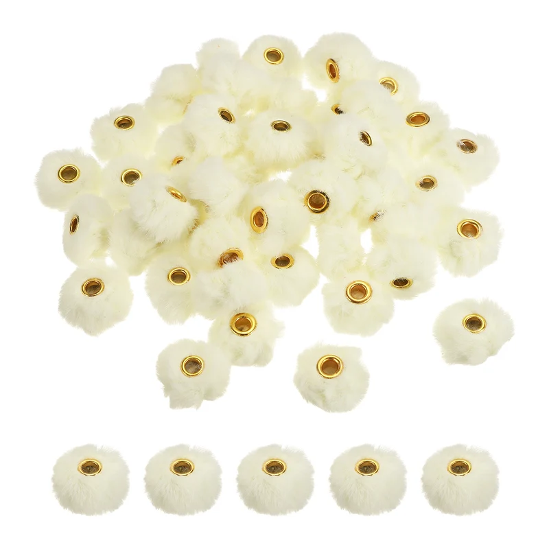 50Pcs Pom Pom Beads, Faux Fur Fuzzy Spacers Bead with 4mm Hole, White Beige