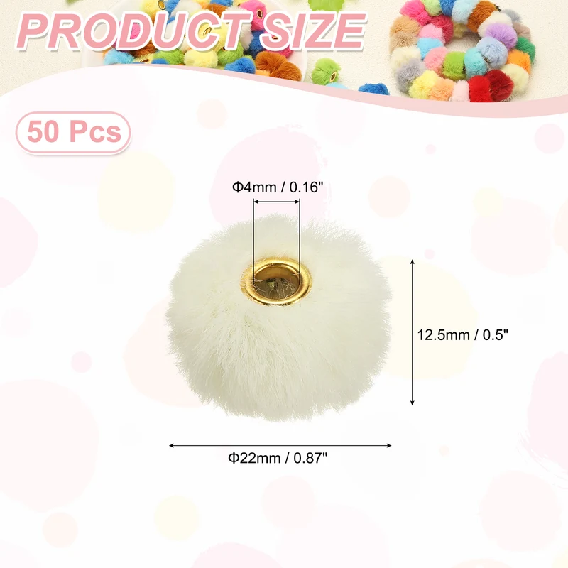 50Pcs Pom Pom Beads, Faux Fur Fuzzy Spacers Bead with 4mm Hole, White Beige