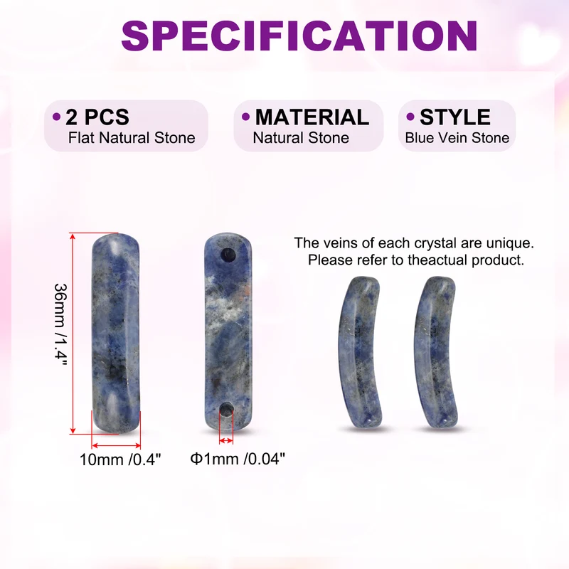 2 Pcs Natural Stone, 36 x 10 mm Natural Curved Clear Quartz Stone Crystal Handmade Jade Flat Beads for DIY Crafting, Blue Vein Stone