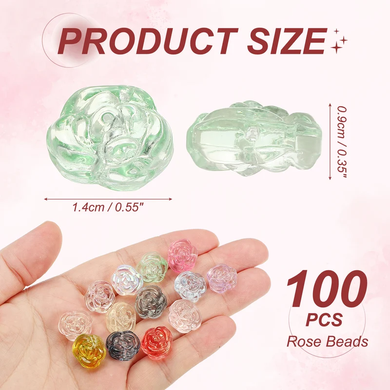 100 Pcs Rose Beads, 0.55" Glass Flower Rose Charm, Green