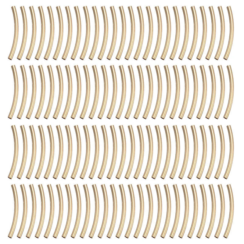 100 Pcs Tube Beads, 2x25mm Curved Noodle Beads for Jewelry Making, Light Gold
