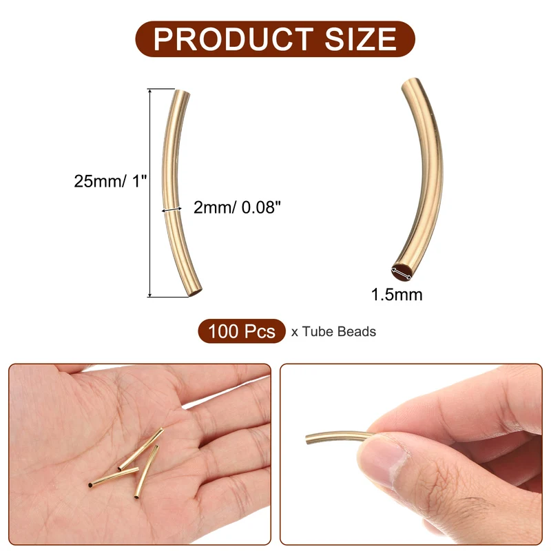 100 Pcs Tube Beads, 2x25mm Curved Noodle Beads for Jewelry Making, Light Gold