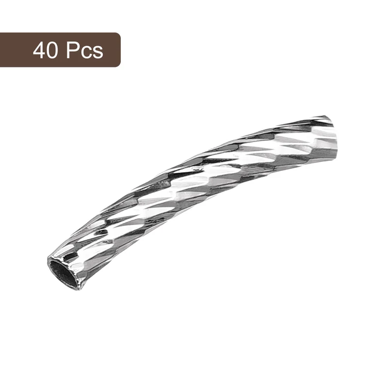 40Pcs Brass Curved Tube Beads, 3x20mm Noodles Spacer Bead, Silver Tone