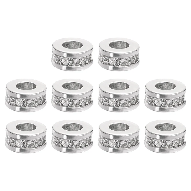 Round Ring Charm Spacer Beads, 10Pcs 8mm - Brass Rhinestone Spacer Beads, Zircon Spacer Beads for DIY Bracelets Jewelry Making (White - White Gold)