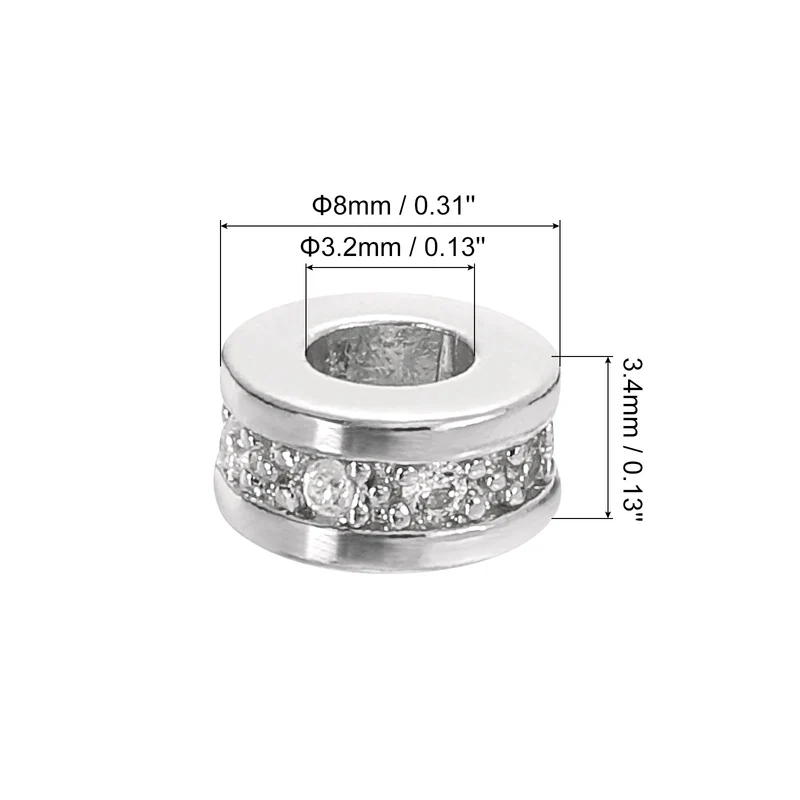 Round Ring Charm Spacer Beads, 10Pcs 8mm - Brass Rhinestone Spacer Beads, Zircon Spacer Beads for DIY Bracelets Jewelry Making (White - White Gold)