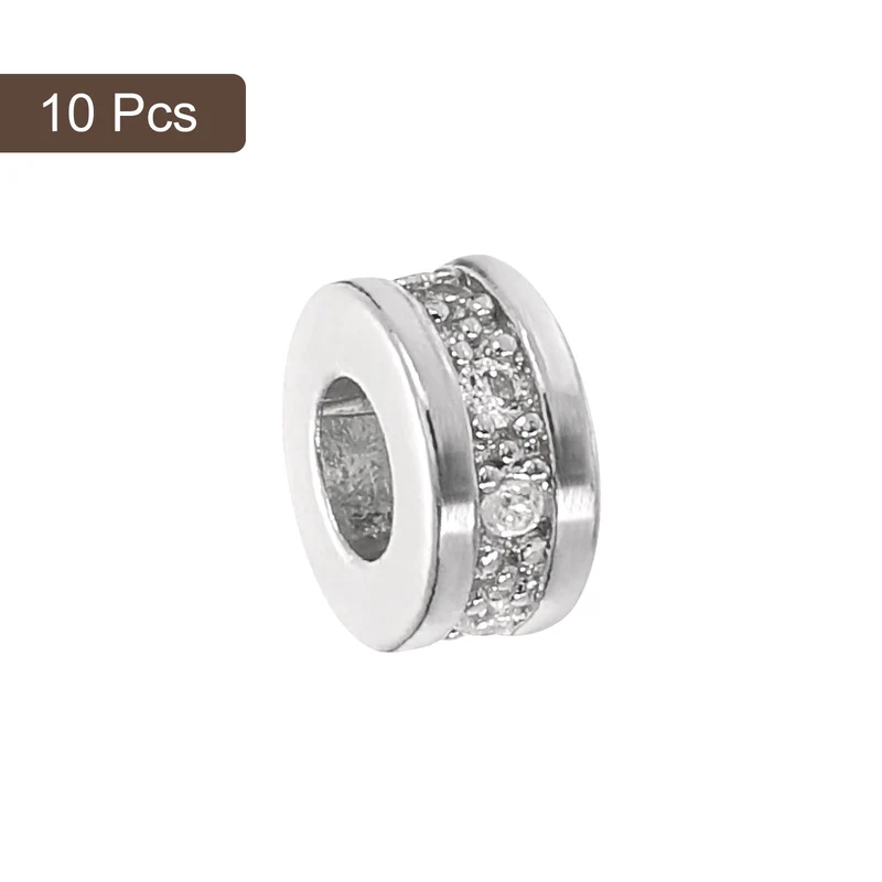 Round Ring Charm Spacer Beads, 10Pcs 8mm - Brass Rhinestone Spacer Beads, Zircon Spacer Beads for DIY Bracelets Jewelry Making (White - White Gold)