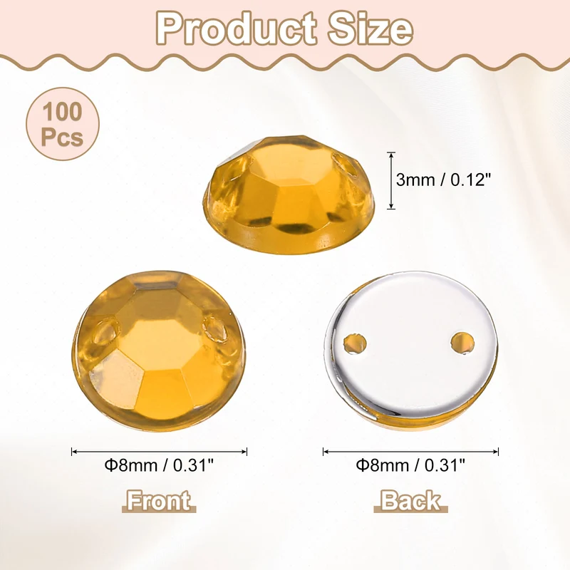 100Pcs Flat Back Sew on Rhinestones Beads, 8mm Crystal Round Gems, Golden Yellow