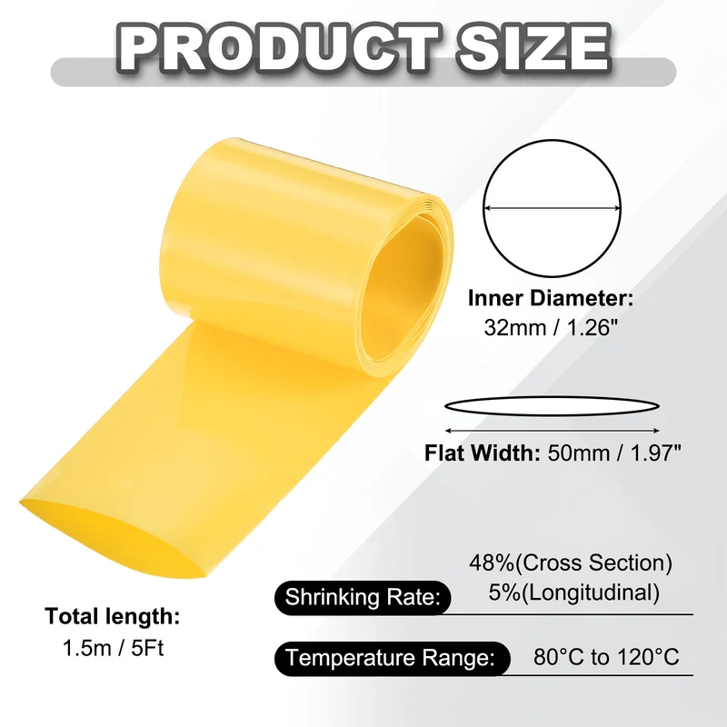 Battery Wrap, Heat Shrink Tubing, 50mm Flat Width 32mm ID, Yellow