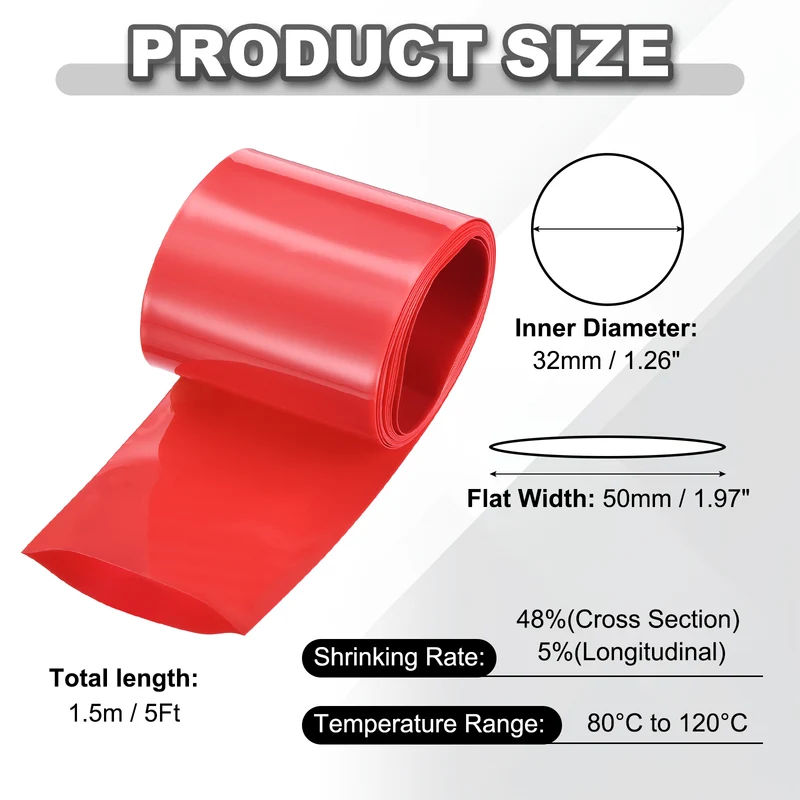 Battery Wrap, Heat Shrink Tubing, 50mm Flat Width 32mm ID, Red