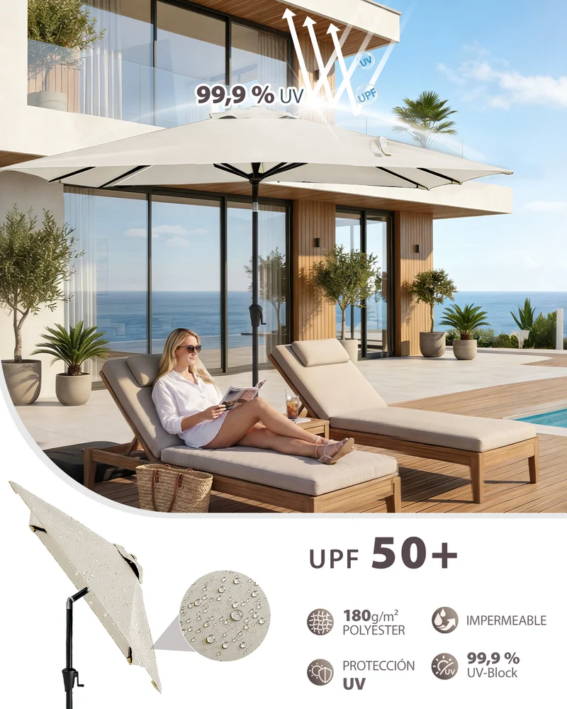 Sekey Rechteckiger Sonnenschirm 200x300 cm mit Kurbel & 30° Neigung – UV-Schutz 50+, Gartenschirm, Marktschirm, stabiler Terrassenschirm für Garten & Balkon