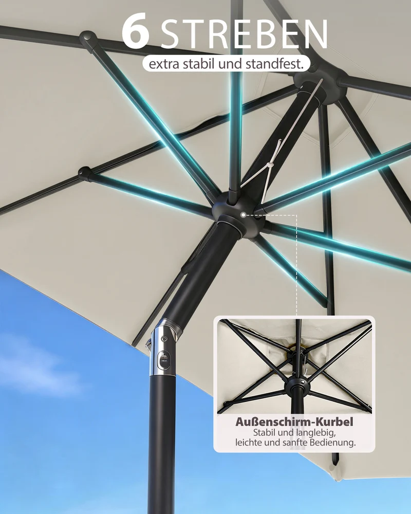 Sekey Rechteckiger Sonnenschirm 200x300 cm mit Kurbel & 30° Neigung – UV-Schutz 50+, Gartenschirm, Marktschirm, stabiler Terrassenschirm für Garten & Balkon