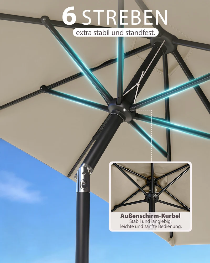 Sekey Rechteckiger Sonnenschirm 200x300 cm mit Kurbel & 30° Neigung – UV-Schutz 50+, Gartenschirm, Marktschirm, stabiler Terrassenschirm für Garten & Balkon