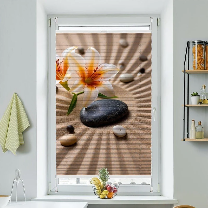 Wabenplissee Motiv "Lilien Steine Sand"