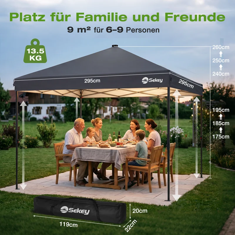 Sekey Pavillon 3x3 m mit LED-Beleuchtung – Wasserdicht, Winterfest & Stabil, Höhenverstellbarer Faltpavillon mit Solarpanel, UV-Schutz 50+, Gartenpavillon für Camping, Terrasse & Partys
