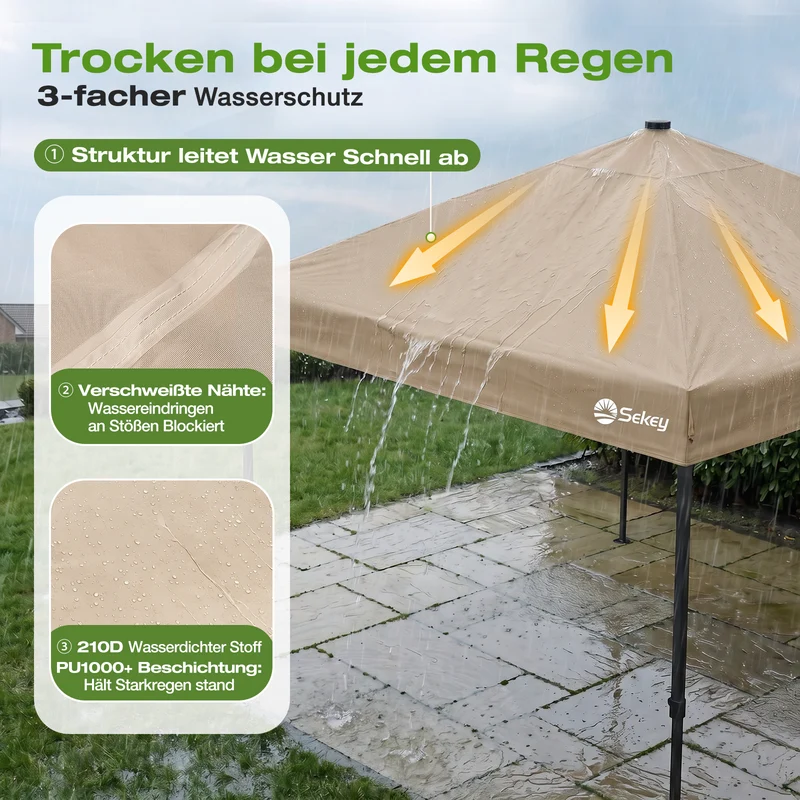 Sekey Pavillon 3x3 m mit LED-Beleuchtung – Wasserdicht, Winterfest & Stabil, Höhenverstellbarer Faltpavillon mit Solarpanel, UV-Schutz 50+, Gartenpavillon für Camping, Terrasse & Partys