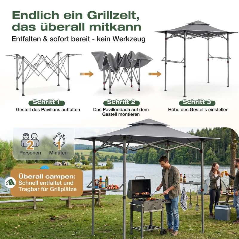 Sekey Grillpavillon Faltbar 250 x 150 cm – Wetterfest & Winterfest, Pop-Up Grillüberdachung mit UV-Schutz 50+, Tragbarer BBQ Pavillon für Garten, Terrasse & Camping