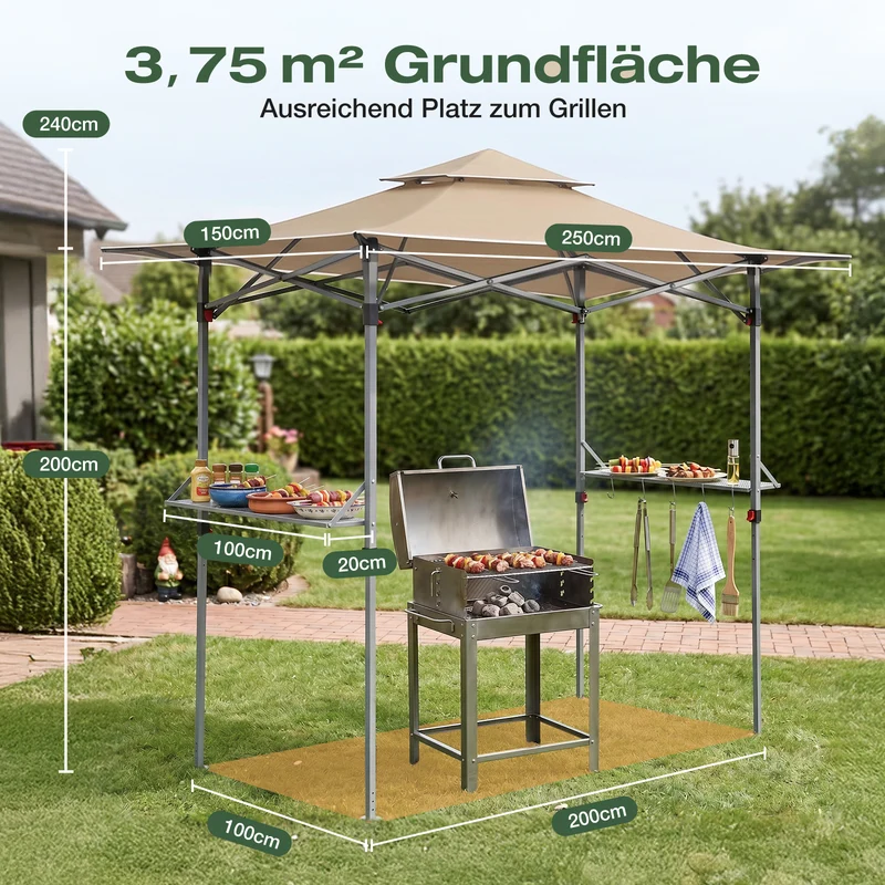 Sekey Grillpavillon Faltbar 250 x 150 cm – Wetterfest & Winterfest, Pop-Up Grillüberdachung mit UV-Schutz 50+, Tragbarer BBQ Pavillon für Garten, Terrasse & Camping